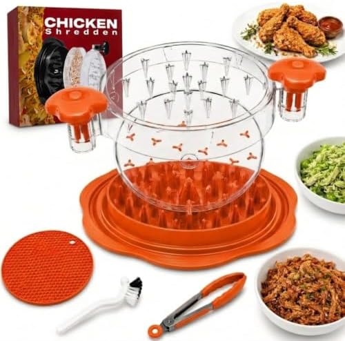 Large Chicken Shredder Tool with Suction Base 2026 – Twist Meat Shredder with Ergonomic Handle & Anti-Slip Grip – Transparent Lid for Easy Shredding Chicken & Beef (Orange)