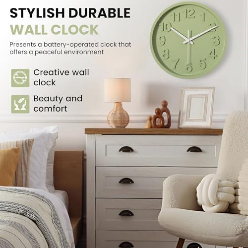 Clockswise 12-Inch Modern Minimalist Round Plastic Wall Clock Green Dial with Bold Arabic Numerals Analog Display Step Movement Easy-to-Read Timepiece for Living Room Kitchen Office Bedroom Wall Decor