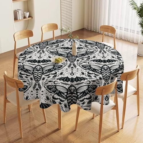 Boho Moth Tablecloth, Gothic Mysterious Halloween Black White Death Butterfly Bat Witch Print Table Cloth for Kitchen Dining Picnic Party Restaurant Decoration, 60x60in