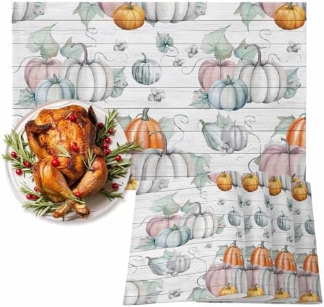 Watercolor Fall Pumpkins Thanksgiving Placemats Set of 6, Harvest Farm Grey Vintage Wood Cotton Linen Stain Resistant Table Mats Washable Placemat Decoration For Kitchen Dining Table