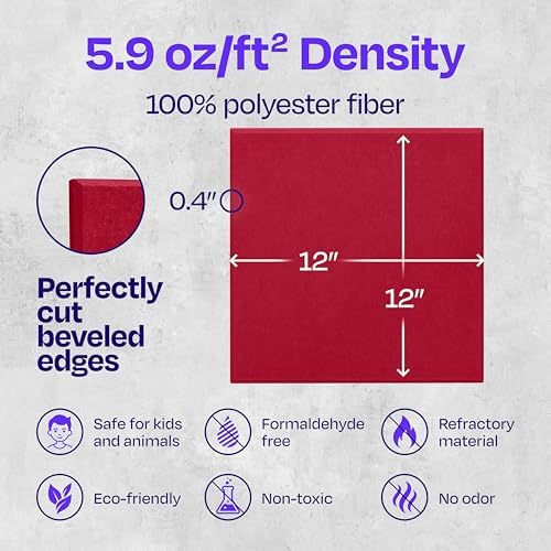 Acoustic Panels 12-Pack Soundproof Wall Panels 12"X12"X0.4" Sound Panels High Density Sound Dampening Panels - [Candy Red Square]