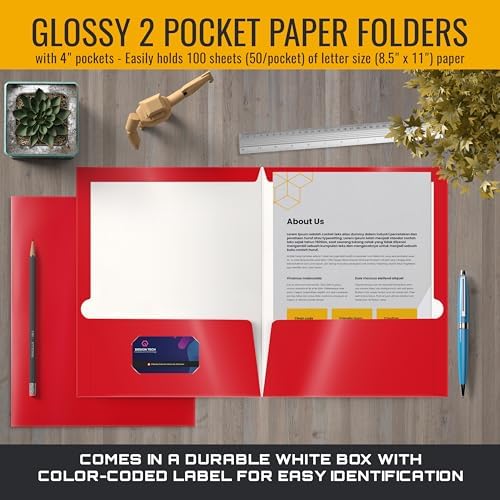 Better Office Products 2 Pocket Glossy Laminated RED Paper Folders, Letter Size, Paper Portfolios Box of 25 Red Folders