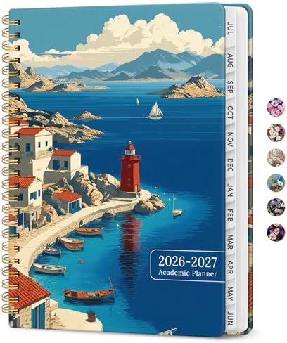 Planner 2026-2027, Monthly & Weekly Jul 2026-Jun 2027 Calendar Book | 6.3" x 8.5", Hardcover Spiral Planner with Tabs, School & Daily Pretty Agenda for Women, Students, Teachers, Coastal Beacon
