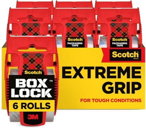 Scotch Box Lock Packing Tape,Clear,Extreme Grip Box Packaging Tape for Shipping and Mailing,1.88 in. x 22.2 yd.,6 Rolls with Dispensers,(Pack of 6)