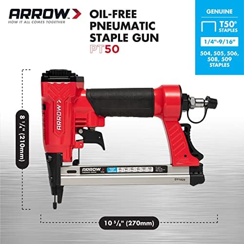 Arrow PT50 Oil-Free Pneumatic Staple Gun, Heavy-Duty Stapler, Red