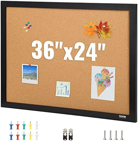 VEVOR 24 x 36 Cork Board, Large Bulletin Board with Black MDF Frame, Wall Mounted Pin Board for Office, School and Home Decor, Hanging Message Board for Pictures and Notes, 10 Push Pins Included
