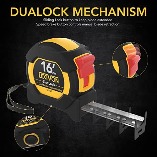 LEXIVON [4-Pack] 16Ft/5m DuaLock Tape Measure | 1-Inch Wide Blade with Nylon Coating, Matte Finish White & Yellow Dual Sided Rule Print | Ft/Inch/Fractions/Metric (LX-207X4)