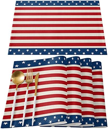 July 4th Placemats Set of 6-Patriotic Stripes and Stars Heat Resistant Placemat Washable Cotton Linen Table Mats Memorial Day Independence Day Party Summer Holiday Decorations for Kitchen Dining Table