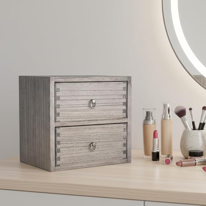 DDYURI Wooden Desktop Drawer Organizer Box 2-Tier Tabletop Storage Cabinet for Office Makeup Dressing Table Dark Brown