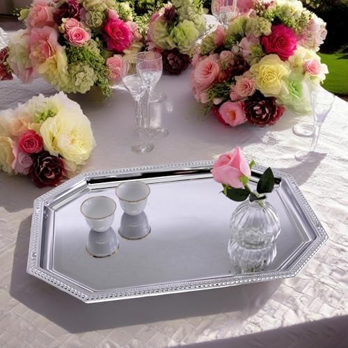 (Pack of 4) Elegant Floral Engraved Serving Tray Chrome Plated Steel Plate Platter Decorative Wedding Birthday Party Shiny Silver Color (Octagonal 20.1" x 13.8")