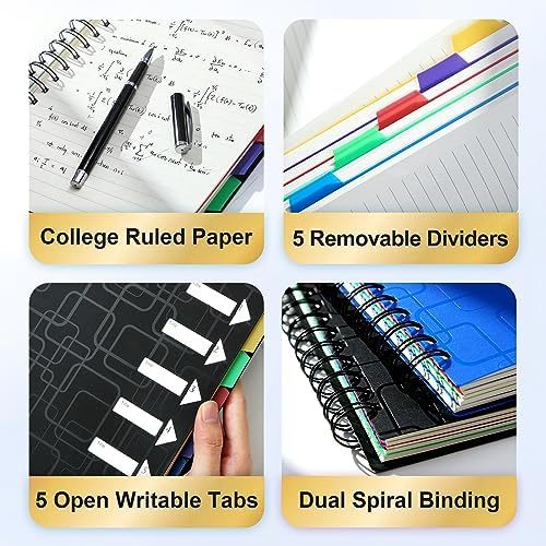 CAGIE 5 Subject Notebook for Work, Spiral, with Dividers, 5x7, Black