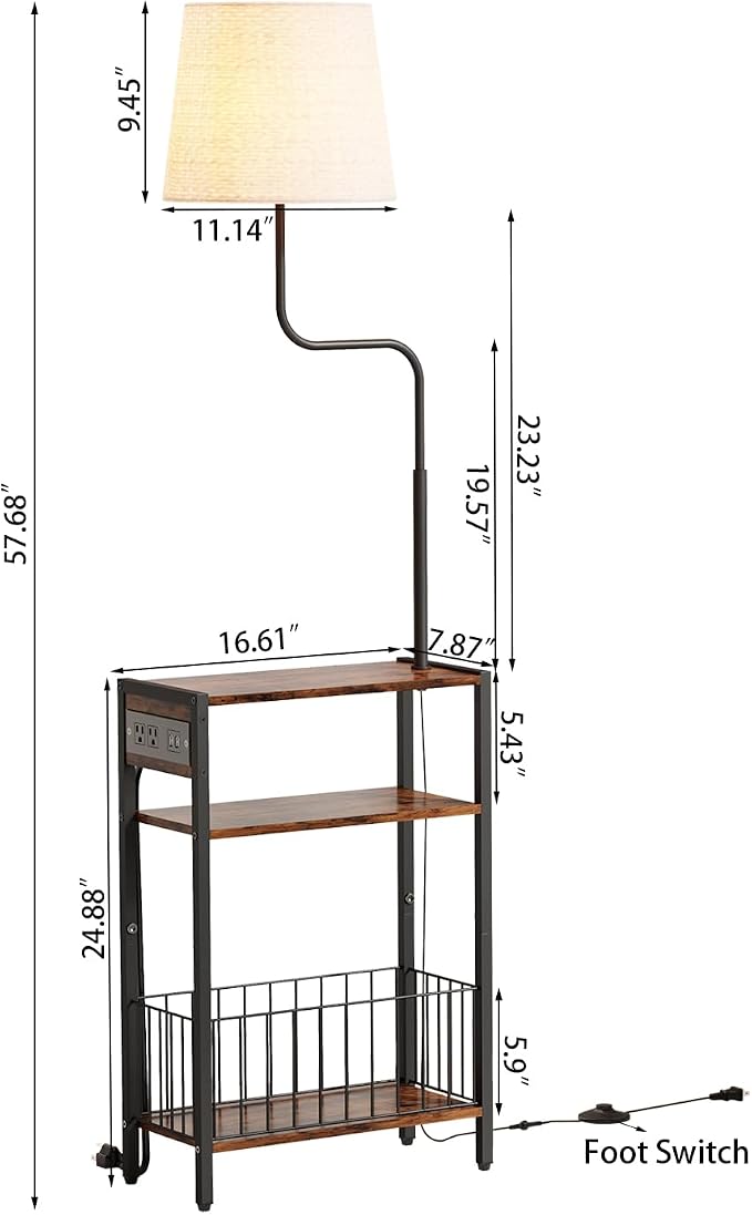 HavenlyYouth Floor Lamp with Table & Storage Baskets, End Table with 3 Color Temperatures LED Bulb, Nightstand with Charging Station, Shelves Side Table for Living Room, Bedroom, Office - Brown