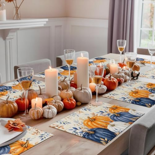 Fall Thanksgiving Placemats Set of 4, Orange Navy Blue Pumpkin Heat Resistant Washable Dining Table Mats Fall Holiday Farmhouse Decor for Kitchen&Linens Outdoor Indoor, Harvest Autumn Leaves