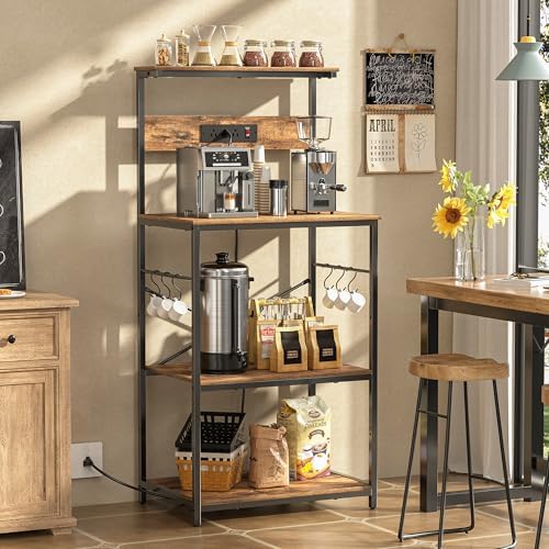 VUSIGN Kitchen Bakers Rack with Power Outlet, 4 Tiers Microwave Stand with Storage, 23.6 Inch Coffee Bar Station with 6 S Hooks, Adjustable Shelf Rack for Pots/Pans/Spices, Rustic Brown