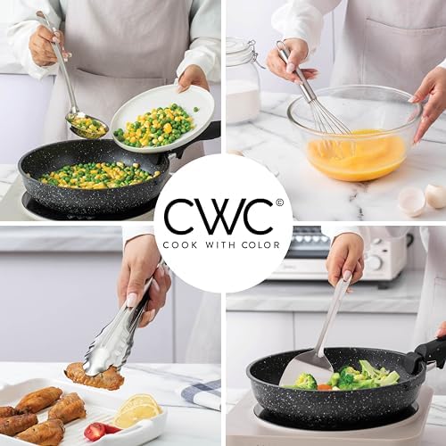COOK WITH COLOR Kitchen Utensil Set - premium Nonstick & Heat Resistant Kitchen Gadgets, Turner, Spaghetti Server, Serving Spoons, Whisk, Tongs, Masher & Utensil Holder, 10-piece Stainless Steel