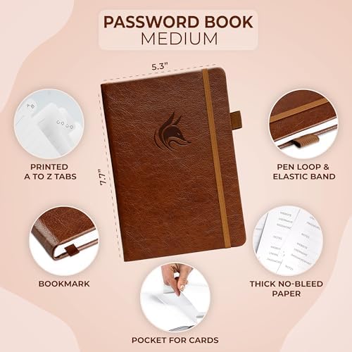 Clever Fox Password Book with Alphabetical Tabs, 5.3"x7.7" Keeper Brown