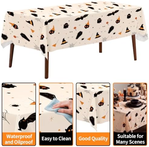 CXPSINC 54 Inch X 300 Feet Plastic Table Cover Roll Disposable Halloween Tablecloth with Slide Cutter Ghost Bat Plistic Table Covers for Halloween Party Decorations(Halloween Beige, 300 Feet)