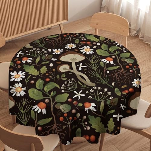 Wild Mushrooms Tablecloth, Rustic Chamomile Flowers Herbs Plants Retro Botanical Mushroom Natural Print Table Cover for Kitchen Dining Room Picnic Camping Indoor Outdoor, 36x36in
