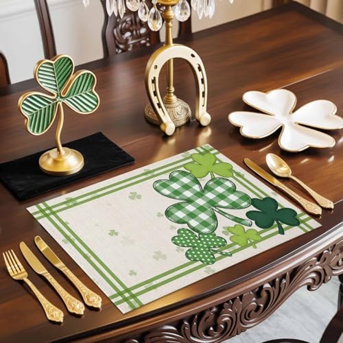 St. Patrick's Day Watercolor Shamrock Clovers Placemats Set of 6, Rustic Green Buffalo Plaid Cotton Linen Table Mats Washable Spring Holidays Decorations For Kitchen Dining Table French Stripes