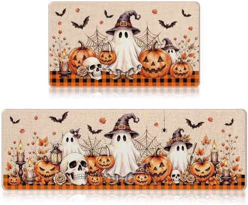 Halloween Kitchen Mats Set of 2, Pumpkin Ghost Skull Kitchen Rugs