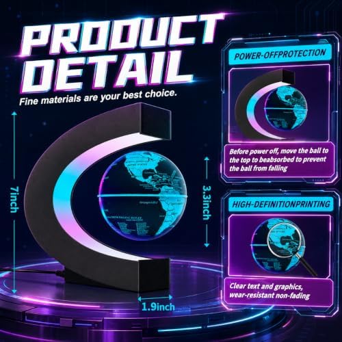 Magnetic Levitating Floating Globe with 7 Colored Lamp, Cool Tech Gadgets Gifts World Globe for Men Father Boy Girls, Birthday Gifts Office Home Desk Decor Display Frame
