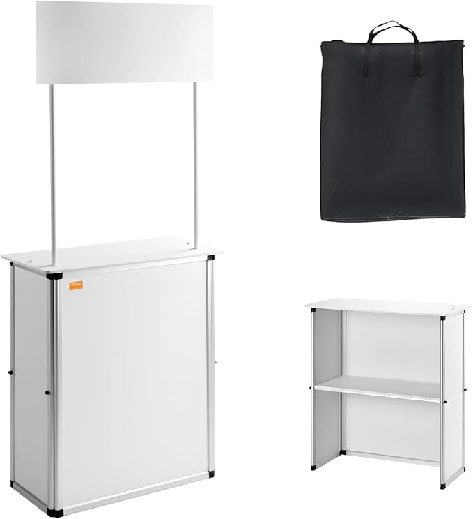 VEVOR Promotion Counter Table, Portable Tradeshow Podium Table, 30.91" x 14.96" x 71.46", Display Exhibition Counter Stand Booth Fair with Wall, Pop Up Podium with Storage Rack/Carrying Bag