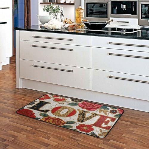 Aslsiy Plaid Hearts Golden Glitter Rose (1) Kitchen Rug Kitchen Mats Valentines Floor Comfort Welcome Washable Non Slip Area Rug for Home Decor 39" X 20"
