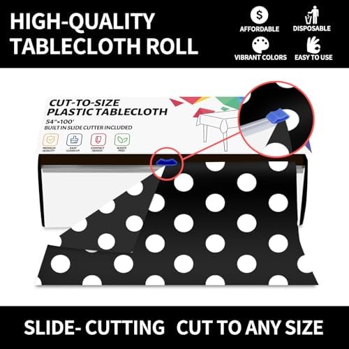 CXPSINC 54 Inch X 100 Feet Plastic Table Cover Roll Disposable Tablecloth with Slide Cutter for All Type/Shape Tables | Party, Banquet, Birthdays, Weddings(Black & White Dot, 100 Feet)