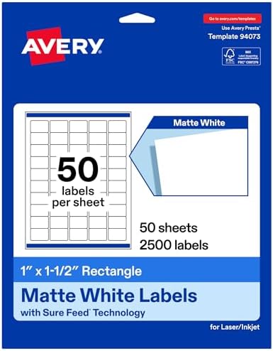 Avery® Matte White Rectangle Labels, 1" x 1.5", Sure Feed® Technology, Laser/Inkjet Printer Compatible, 2500 Printable Labels Total, Great for Branding, Packaging, and More
