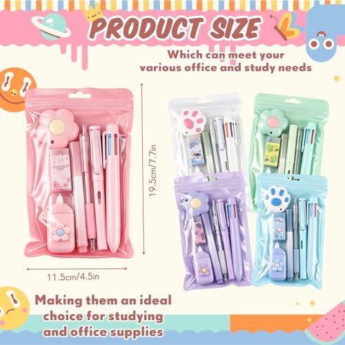 Sayglossy 5 Sets 7 Pcs Kawaii Stationery Set Cute Stationery Mini Office Supply Kit Cute School Supplies Including Ballpoint Pens Pencil Sharpener Highlighter Correction Tape Ruler Utility Knife