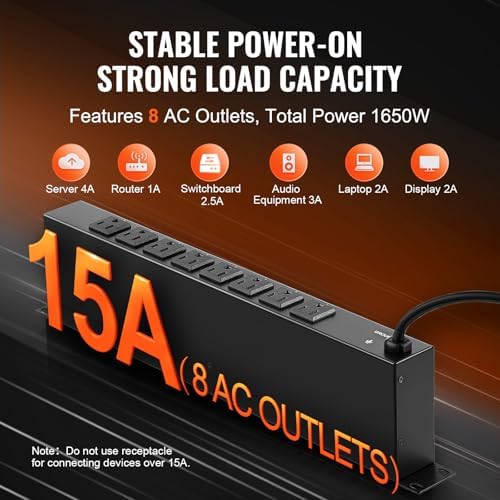VEVOR 8 Outlet Horizontal 1U Rack Mount PDU Power Strip for Network Server Racks, Surge Protection & Overload Protection, 110-125V/15A, with 6ft 14AWG Power Cord