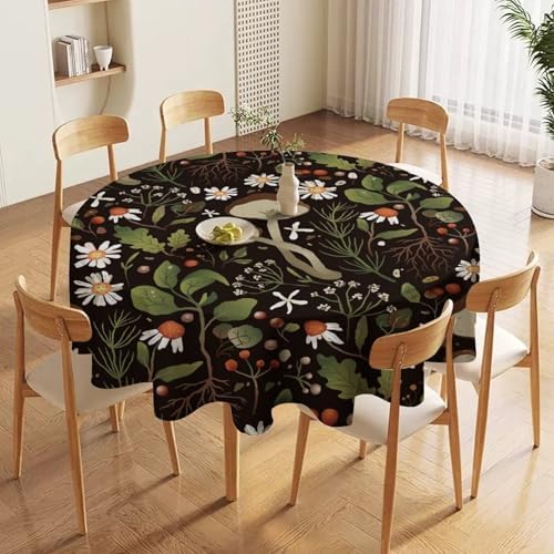 Wild Mushrooms Tablecloth, Rustic Chamomile Flowers Herbs Plants Retro Botanical Mushroom Natural Print Table Cover for Kitchen Dining Room Picnic Camping Indoor Outdoor, 36x36in