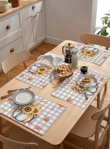 Fall Pumpkins Leaves Placemat, Thanksgiving Heat Resistant Washable Table Place Mats Rustic Farmhouse Gray Buffalo Plaid Table Linens Party Decor for Home Kitchen Dining Outdoor Indoor