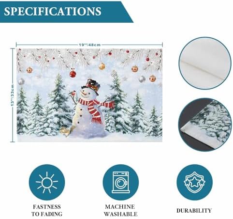 Snowman Placemats Set of 4, Blue Merry Christmas Tree Red Balls Squirrel Heat Resistant Washable Table Place Mats Winter Cotton Table Linens Party Holiday Decor for Kitchen Dining Outdoor Indoor