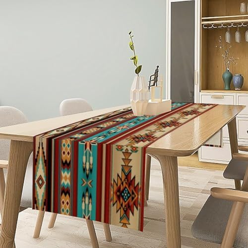 Aztec Southwest Table Runner, Ethnic Style Design Geometric Triditional Kitchen Table Runners Table Setting Decor for Garden Farmhouse Wedding Party Holiday Dinner Home, 13x120 Inch