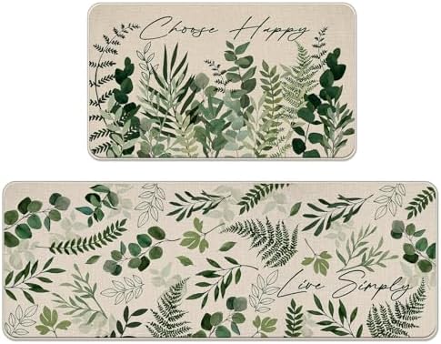 Green Eucalyptus Leaves Botanical Kitchen Rugs Set of 2