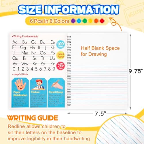 Henoyso 6 Pack Primary Composition Notebook, 100 Pages,Rainbow Color