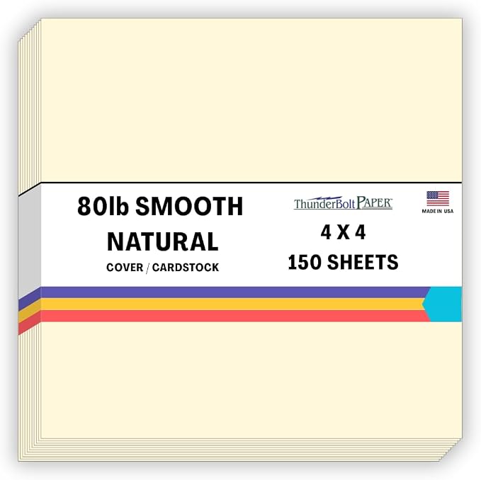 150 Natural Smooth Card Stock Sheets Paper - 4 X 4 Inches Small Square Card Size - 80# (80 lb/Pound) Cover Weight - Quality Paper - Smooth Finish
