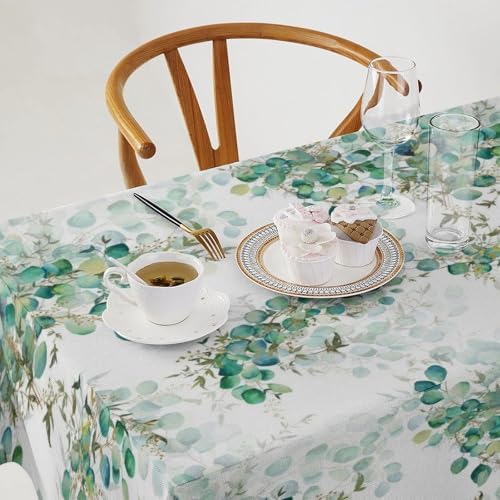 Spring Botanical Tablecloth, Watercolor Sage Green Eucalyptus Leaves Print Table Cloth Cover for Kitchen Dining Indoor Outdoor Decor 60x120in