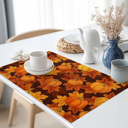 Thanksgiving Placemats Set of 4,Cotton Linen Heat Resistant Table Mats Washable Farmhouse Harvest Pumpkin Maple Leaves It's Fall Y'all Placemat for Holiday Banquet Party Dining Kitchen Table Decor