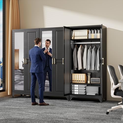 71" Black Metal Wardrobe Closet with Full-Length Mirror, 18" Deep Steel Armoire Clothes Storage Cabinet with Sturdy Hanging Rod & Adjustable Shelves for Bedroom Home Office