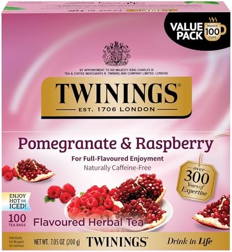 Twinings Pomegranate & Raspberry Herbal Tea Individually Wrapped Bags, 100 Count (Pack of 1), Naturally Caffeine-Free, Enjoy Hot or Iced, 100 Teabags