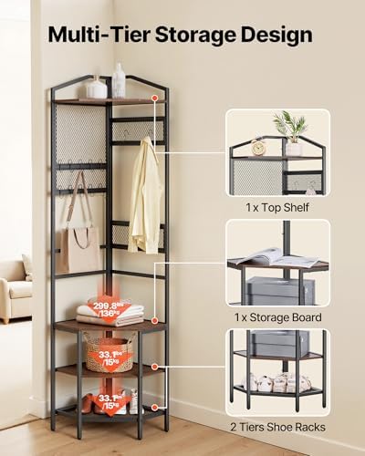 VEVOR Corner Hall Tree, 71.3 in Coat Rack with Hooks, Top Shelf & Steel Frame, Freestanding Clothes Shoes Rack Storage Organizer with Anti-Tip Set, Adjustable Non-Slip Feet for Entrance Closet Office