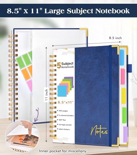 Spiral Notebook Journal with Removable Dividers Tabs, 300 Pages Hardcover Leather 5 Subject College Ruled Notebook, 8.5"x11" Large A4 Lined Journal for Women Men, Spiral Notebook for Work School, Navy
