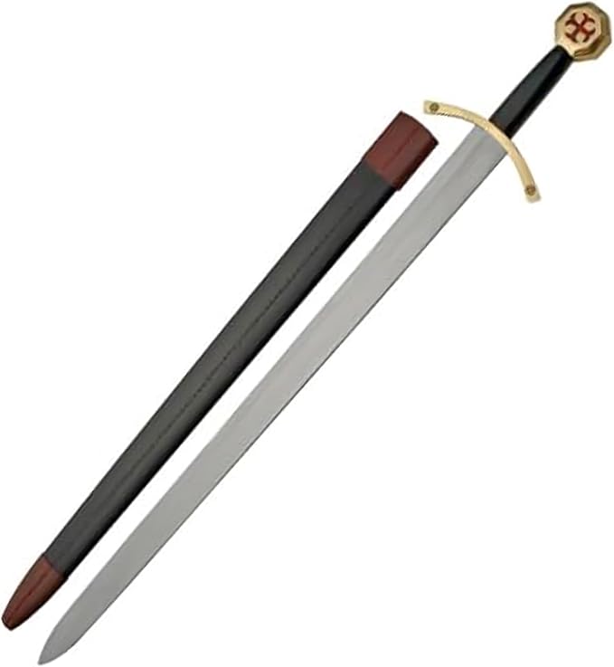 SZCO 37" Knights Templar Sword – Medieval Crusader Decorative Knight Sword with Black Leather Wrapped Handle & Matching Leather Scabbard for Adults, Cosplay & Display