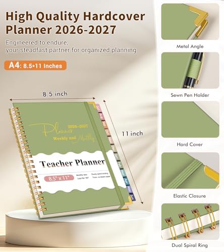 Teacher Planner 2026-2027, July 2026 - June 2027, Academic Weekly & Monthly Calendar Planner with Tabs, 8.5" x 11" A4 Teacher Lesson Plan Book with 7 Periods, Daily Agenda School Organizer for Teacher Student Homeschool, Green