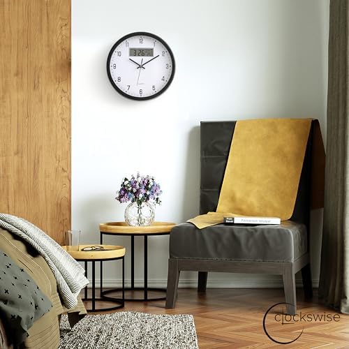 Clockswise 14-inch Wall Clock, Non-Ticking Analog & Digital with Temperature Display Battery Powered, Silent Operation, Switchable Time and Date - Perfect for Classroom Office Bedroom and Study, Black