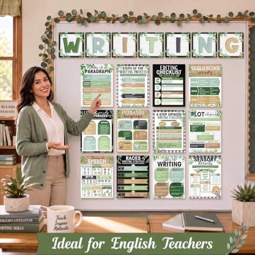 Funrous 19 Pcs Writing Strategies Posters for Classroom Eucalyptus Decor