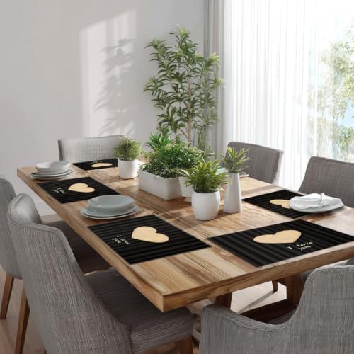 Batmerry Heart Text Linen Placemats Set of 6, Heart with I Love You Washable Table Mats for Kitchen Table Thickened Heat Insulation Dining Set Indoor Outdoor 12X18 in