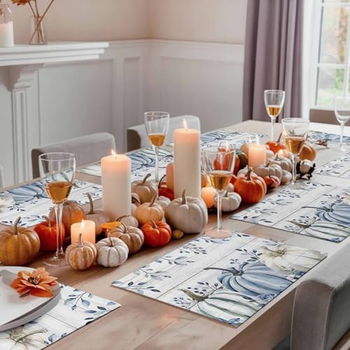 Fall Placemats Set of 4, Blue Pumpkin Place Mats White Blue Pumpkins Eucalyptus Wooden Tablemats Harvest Thanksgiving Placemat Table Decoration for Kitchen Table Holiday Dinner Party Autumn Home Decor